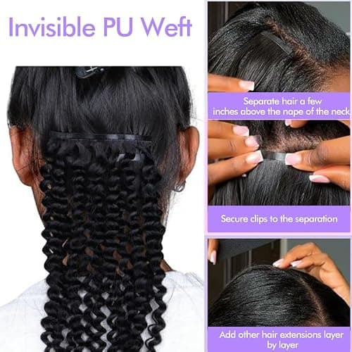 Seamless 3C 4A Kinky Curly Clip In Extension PU Weft Curly Clip in Extension Human Hair Clip Ins Full Head for Black Women Brazilian Remy Human Hair Natural Color 8Pcs with18clips 120g/Set (18 inch) thumbnail 5