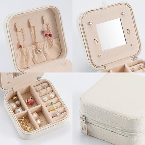 Small Travel Jewelry Case, To Go Portable Jewelry Box, Travel Jewelry Organizer,Portable Jewellery Storage Holder for Rings Earrings Necklace, Gifts for Girls Women with Mirror -White - Off-White thumbnail 4