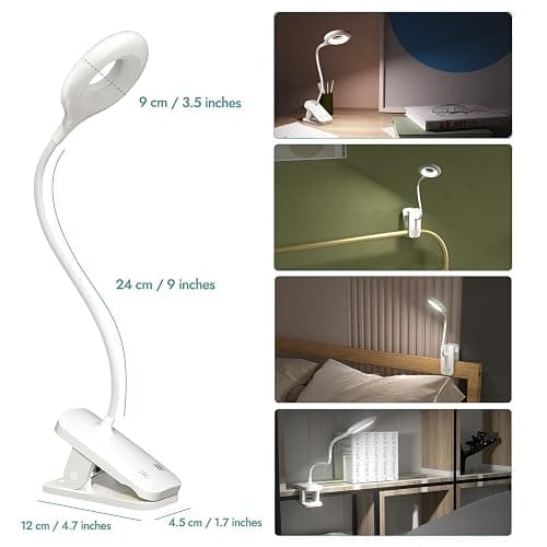 CUHIOY Clip on Reading Light for Bed Headboard, Rechargeable Battery Clamp on Bunk Bed Light, 5 Colors 5 Brightness Flexible Neck Desk Lamp, Eye Protect LED Touch Control Book Lights at Night for Kids thumbnail 4
