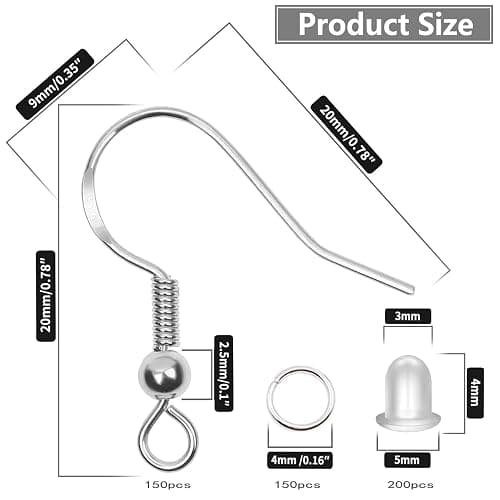 925 Sterling Silver Earring Hooks 150 PCS/75 Pairs,Ear Wires Fish Hooks,500pcs Hypoallergenic Earring Making kit with Jump Rings and Clear Silicone Earring Backs Stoppers (Silver) thumbnail 2