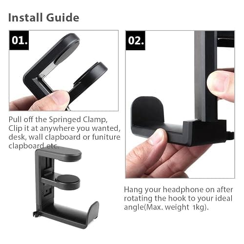 EURPMASK Rotating Headphone Stand - PC Gaming Headset Holder, Adjustable Clamp-on Under Desk Hanger With 360 Degree Swivel & Cable Clip Organizer - Black thumbnail 8