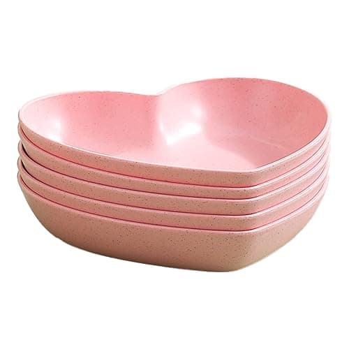 5 Pack 6 Inch Heart Shape Mini Dipping Sauces Bowls, Unbreakable Wheat Straw Small Snack Dessert Dishes, Salad Plates for Sushi Side Dish Fruit Appetizer Cake, Pink - Image 1