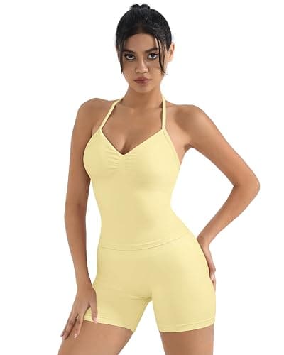SUUKSESS Women 2 Piece Seamless workout Sets Halter Backless Impact Longline Strappy Tank Top Sport Gym Yoga Bike Shorts thumbnail 2