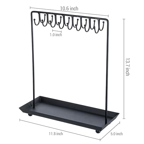 MyGift Black Metal Jewelry Stand for Women Jewelry Organizer Stand for Necklaces with 20 Hooks and Ring Tray Sturdy Necklace Pole thumbnail 3