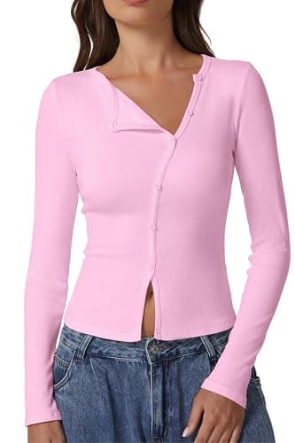 QINSEN Women's Long Sleeve Ribbed Crewneck Shirts Upper Button Fastening Going Out Tops - Image 1