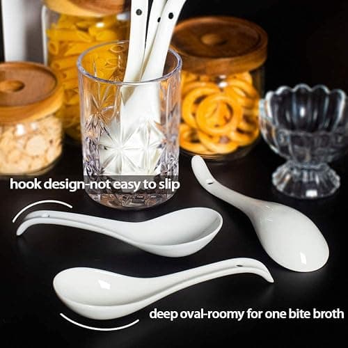 Artena Bright White 6.75 inch Asian Soup Spoons Set of 6, Ultra-fine Porcelain Tablespoon, Chinese/Japanese Kitchen Soup Spoons for Cereal, Ramen Pho - Deep Oval Hook Design - White thumbnail 7