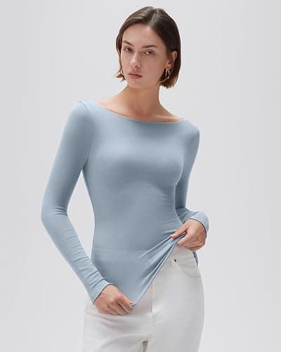 SUUKSESS Cloud Cashmere Women Boat Neck Fitted Long Sleeve Shirt Basic Knit Tops thumbnail 5