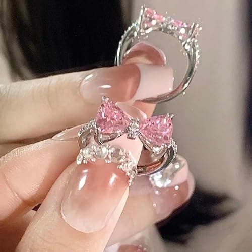 HUJUON Cubic Zirconia Cute Bowknot Finger Rings Adjustable Rhinestone Heart Crystal Butterfly Bowkont Open Rings Wedding Jewelry for Women thumbnail 3