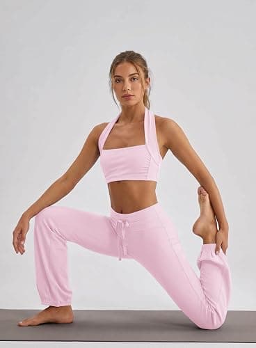 Panadila Women 2 Piece Yoga Sets Pilates Bra and Leggings | Halter Sports Bra, Fold Over Flare Leggings, Matching Workout Set, Athletic Clothing Sets, Gym Outfits, Activewear Pants Set thumbnail 5
