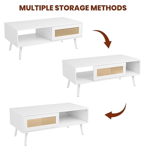 IDEALHOUSE 2 Piece Living Room Set, 62" TV Stand Coffee Table, White | Rattan TV stand and matching coffee table provide concealed storage and display space for an organized living room setup thumbnail 5