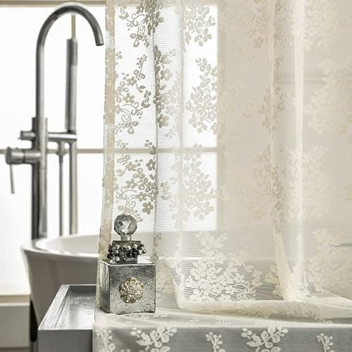 YJ YANJUN Ivory Lace Shower Curtain - Shabby Chic Flower Shower Curtain with Attached Valance, Luxury Lace for Bathroom, Farmhouse Bath Curtains, 72 x 72 Inch, Light Beige thumbnail 4