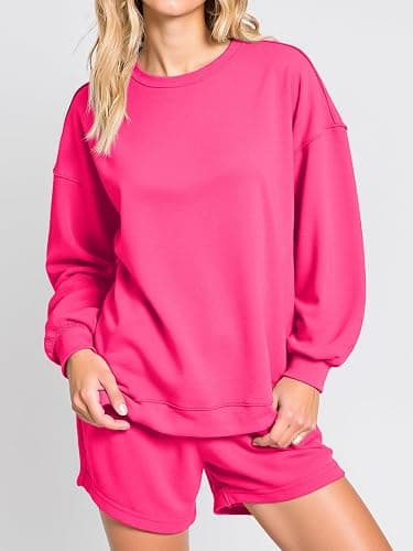 Tankaneo Womens Oversized 2 Piece Outfits Sweatsuit Casual Long Sleeve Crewneck Sweatshirts Sweat Shorts Fall Lounge Sets thumbnail 2