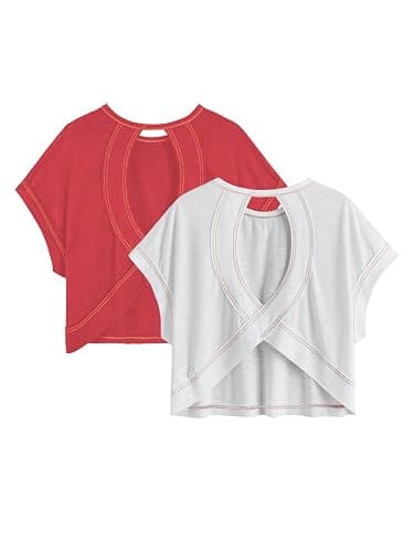 RoseSeek Girl's 2 Packs Open Back Backless Tops Short Sleeve T Shirts | Criss Cross, Crewneck Casual Tees, Teen Girls Size 10 12, Kids Clothes, Summer, Cute Shirt - Image 1