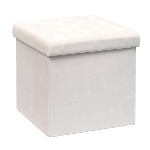 B FSOBEIIALEO Storage Ottoman Velvet Tufted Folding Ottomans Footstool Rest Seat with Removable Lid (White, Medium) - Image 1