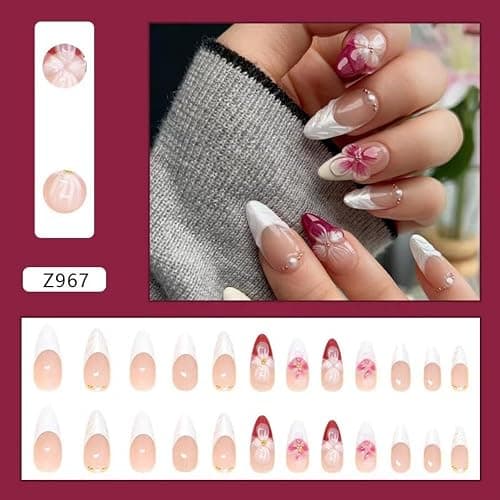 Flower Press on Nails White French Tip Fake Nails Medium Almond False Nails with Pearl Design 5D Floral Glue on Nails Glossy Artificial Acrylic Full Cover Spring Stick on Nail for Women Manicure thumbnail 5
