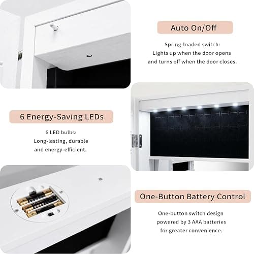 AnSafity Lockable Jewelry Cabinet Organizer with Full Length Mirror, 6 Auto LED Lights, Wall & Over Door Mount Jewelry Armoire with Earring Slots, Necklace Hooks, Foldable Makeup Shelf thumbnail 6