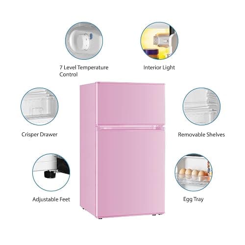 Saeoola Mini Fridge with Freezer, 3.2 Cu.Ft, 2 Doors Compact Mini Refrigerator with Separate Freezer for Dorm, Bedroom, Office, Apartment with 7-Level Temperature Control, Removable Shelves (Pink) thumbnail 6