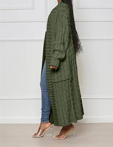 HRESSLBD Womens Thin Stylish Cable Knit Dual Extra Long Maxi Cardigan with 2-Pockets thumbnail 2