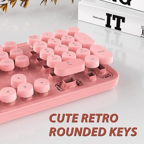 Kootop Wireless Keyboard, Cute Colorful 104 Keys Typewriter Retro Round Keycaps Keyboard for PC Laptop,Desktop,Windows, Home and Office Keyboards (Pink) thumbnail 2