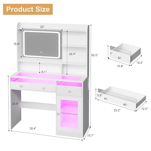 Korfile Vanity Desk, Makeup Vanity Desk with Mirror and Lights 3 Colors, Transparent Top with 2 RGB Drawers, 3 Shelves, 1 Large Tempered Cabinets, Power Outlet for Bedroom, White thumbnail 2