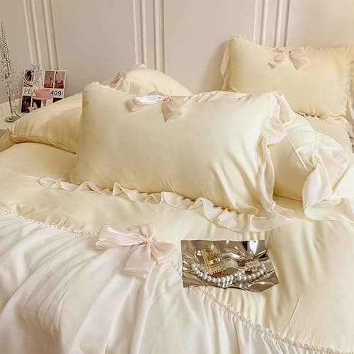 ❤️SOUKECHY Ruffled Bedding Bow Duvet Cover Set with Butterfly Tie, Full Comforter Cover Set, Shabby Chic Bedding Set,Romantic French Princess Style -Yellow,Full thumbnail 9