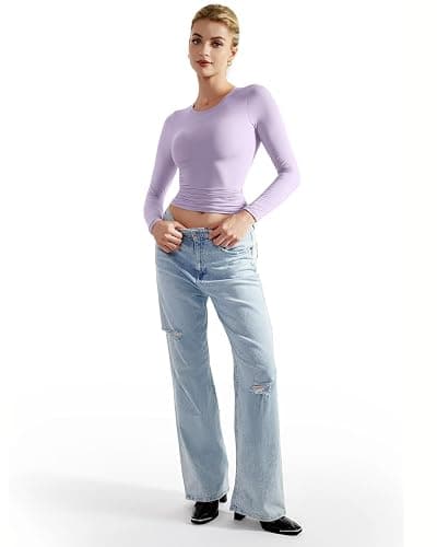 SUUKSESS Women Double Lined Fitted Basic T Shirts Crew Neck Long Sleeve Crop Top thumbnail 6