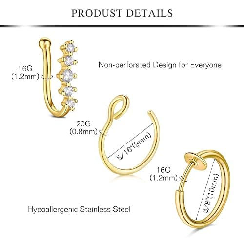 AVYRING Fake Nose Ring Fake Piercings Fake Nose Rings Nose Cuffs Fake Nose Piercing Fake Nose Hoop Faux Nose Rings for Women Faux Nose Ring Fake Piercing Fake Nose Cuff Sliver Gold Black thumbnail 2