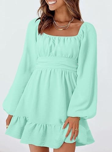 Dokotoo Womens Dress Long Lantern Sleeve Square Neck Tie Backless Sexy Dress Ruffle Elastic Waist A-Line Mini Dress thumbnail 2