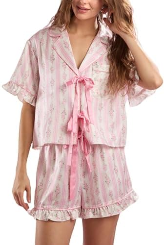 Womens Cute Bow Tie Front Pajamas Y2k Satin Floral Coquette Ruffle Pjs | Silk Puff Sleeve Short Lounge Pj Sets - Image 1