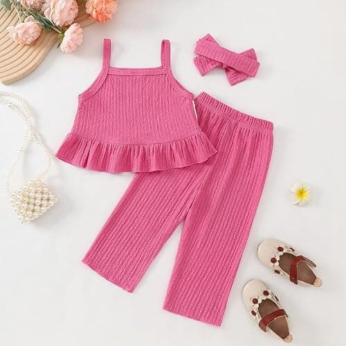 Voonlie Toddler Baby Girl Summer Clothes Outfits Crocheted Ruffle Camisole Pants Kids Clothing Set thumbnail 3