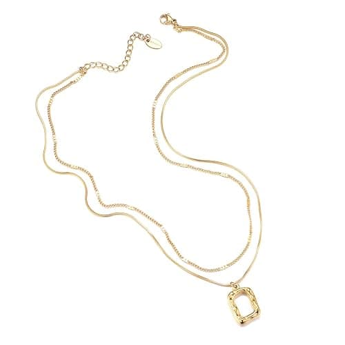 Evabelle Gold Layered Necklace for Women Trendy Jewelry 14K Real Gold Plated Chunky Chain Stackable Necklaces Dainty Choker Necklaces Rectangle Square Pendant thumbnail 4