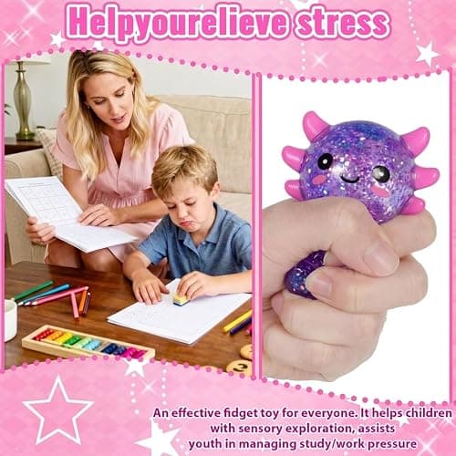 Djyxoglyn Axolotl Squishy Stress Relief Toy – Glitter Fidget Toy Cute Squeeze Toy for Kids & Adults, Sensory Anxiety Relief Squishy Toy, Party Favor Desk Fidget (Purple Sitting Style) thumbnail 7