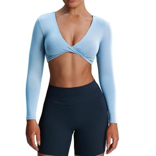 Aoxjox Long Sleeve Crop Tops for Women Sienna Twist Deep V Workout Cropped T Shirt Top - Image 1