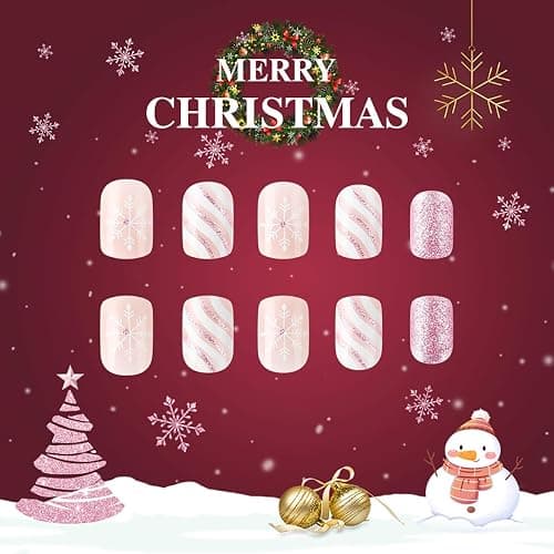 Christmas Press on Nails Short Square Fake Nails Full Cover Snowflake French Tip Glitter Design False Nails Xmas Cute Stick on Nails Winter Acrylic Artificial on Nails for DIY Nail Decoration 24Pcs thumbnail 3
