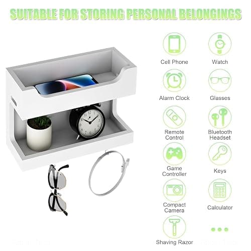 NiHome Wall Mounted Wooden Bedside Accessories Organizer, Double Tray Bedside Wall Storage Shelf Rack with Magnetic Hooks, Bedroom Dorm Wall Caddy Holder for Phone Glasses Alarm Clock Remote (White) thumbnail 6