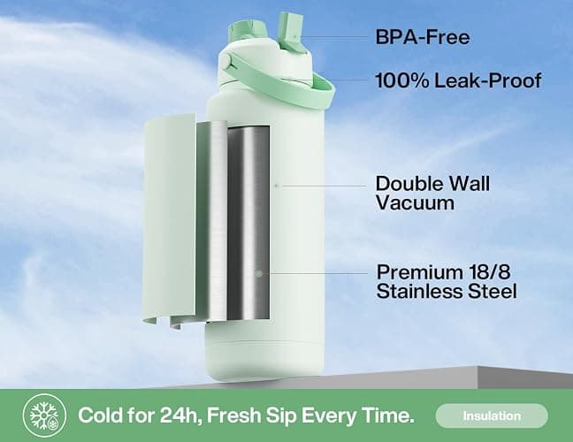 POWCAN 40 oz Insulated Water Bottle with 2-in-1 Straw and Spout Lid, Keep Cold 24H, Leak-Proof, BPA-Free, Double Wall Stainless Steel Water Bottle for Sports, Gym, Travel, and School (Mint) thumbnail 4