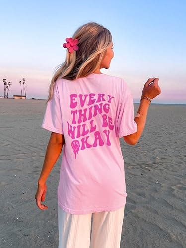 Womens Oversized Tshirt Graphic Tees Crew Neck Summer Short Sleeve Loose Fit Tops - X-Large - A-letter Print Pink thumbnail 8