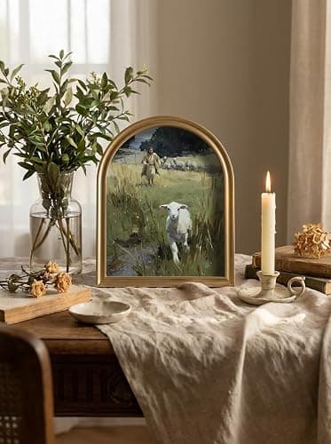 TwoDays Gold Vintage Christian Jesus Arched Wood Framed Wall Art – Jesus Leaves the 99 Sheep Canvas Picture, Religious Farmhouse Artwork Prints Wall Decor for Living Room, Bedroom (11" x 13.8") thumbnail 2