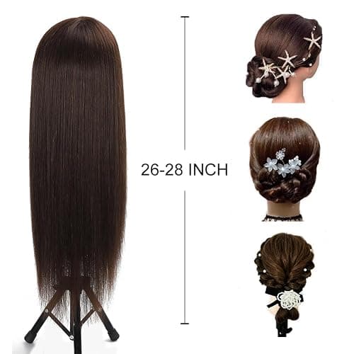 Opini 26”-28”Mannequin Head 80% Real Hair Manikin Head Cosmetology Doll Head for Styling Mannequin Head Human Hair (#4 Dark Brown) thumbnail 4
