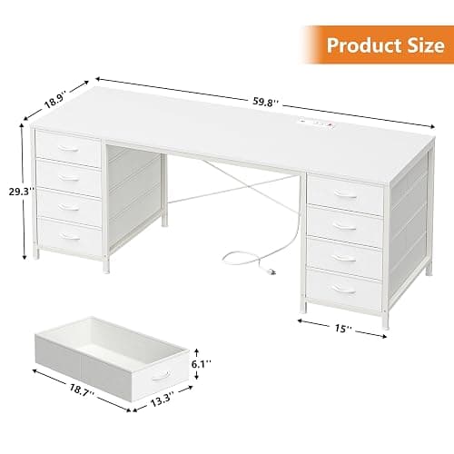YOMILUVE 60 Inch Computer Desk with 8 Drawers, Home Office Desk with Power Outlets, Work Study Gaming Desk with 8 Fabric Drawers thumbnail 2