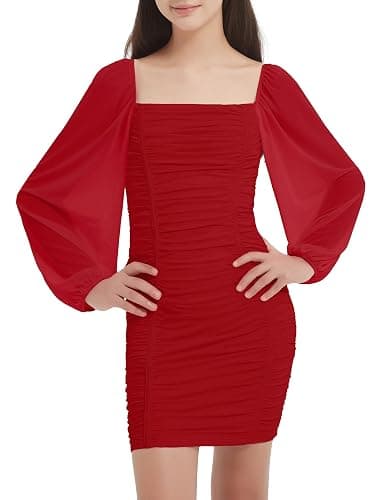 EXARUS Girls Padded Dress Tween Long Sleeve/Spaghetti Strap Bodycon Teen Formal Dance Ruched Easter Dresses Mini 8-14Y - Image 1
