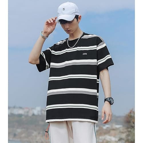 INFENU Gothic Casual Loose Oversized T-Shirt Harajuku Street Trend Men and Women Wearing Printed Stripes for Couples thumbnail 6