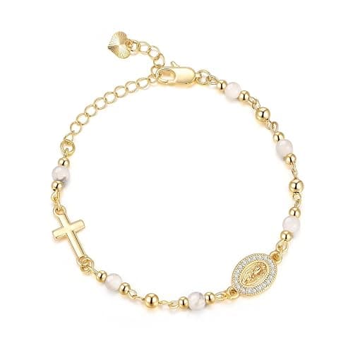 Women's Gold Virgin Mary Bracelet - 14K Gold Plated Religious Cross Bracelet,Dainty Golden Non Tarnish Virgen De Guadalupe Natural Stone Beaded Jewelry,Catholic Faith Baptism Confirmation Gift for Her - Image 1
