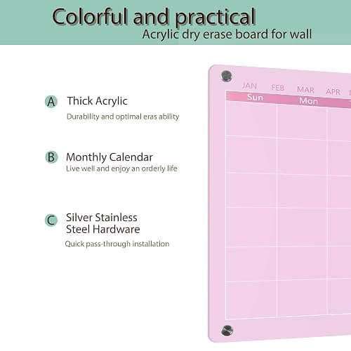 Marribol Acrylic Calendar Dry Erase Board for Wall,15.7''x11.8'',Pink Monthly Calendar Whiteboard for Home,Office, School thumbnail 4