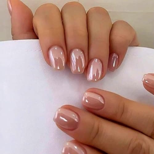 Nude Press On Nails Short - KQueenest Chrome Press On Nails Square, Sparkly Fake Nails Press ons, Bling Glazed Glue on Nails Short Coffin, Cute Shiny False Nail Gel Stick On Nails for Women Weddings - Image 1