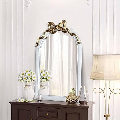 iyabat 36x24 Arched White Bow Wall Mirror with Gold Ribbon, Vintage Vanity Mirror for Bedroom & Nursery Decor, Cute Coquette Aesthetic Engineered Wood Frame, Shabby Chic Style thumbnail 8