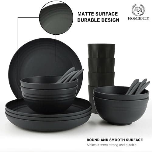 Homienly Wheat Straw Dinnerware Sets, Homienly 20pcs Unbreakable Microwave Dishwasher Safe Tableware Lightweight Bowls, Cups, Plates Set Reusable Dinner Plates Bowls set (Matte Black) thumbnail 4