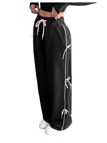 GORGLITTER Women's Bow Y2k Sweatpants Drawstring Wide Leg Baggy Flare Coquette Pants Trousers - Large - Black - Image 1