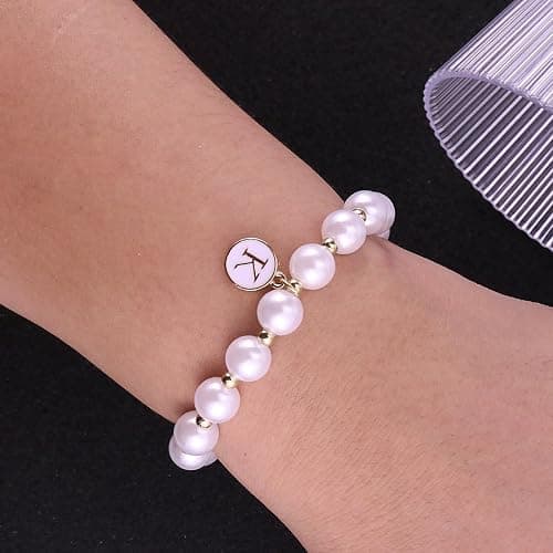 Pearl Initial Bracelet for Women Trendy Charm Letter A-Z Dainty Gold Letter Pearl Beaded Bracelet Bridesmaid Proposal Wedding Bride Party Bridal Birthday Jewelry thumbnail 2