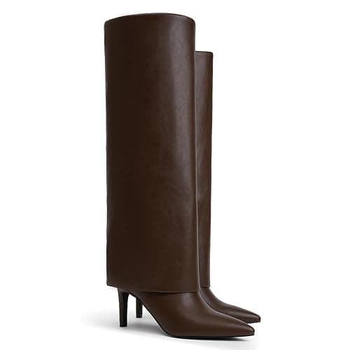 VIUGJNEX Knee High Boots Women Fold Over Boots Pointed Toe Stiletto Heel Long Shark Tall Boots with Zipper thumbnail 8